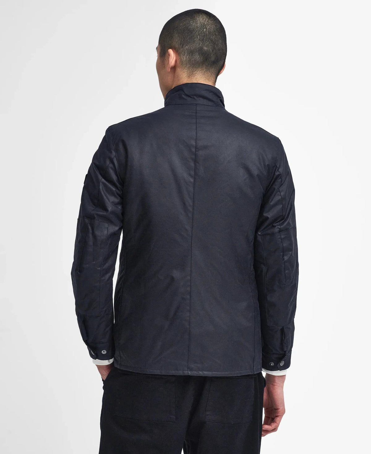Giacca cerata blu navy da uomo vista posteriore, stile casual elegante, maniche lunghe