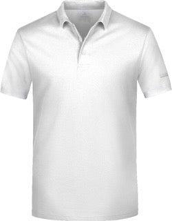 Camicia polo oxford bianca HESKIMO HE1410003 indossata, tessuto morbido e stile classico, dettaglio collo e bottoni visibili.