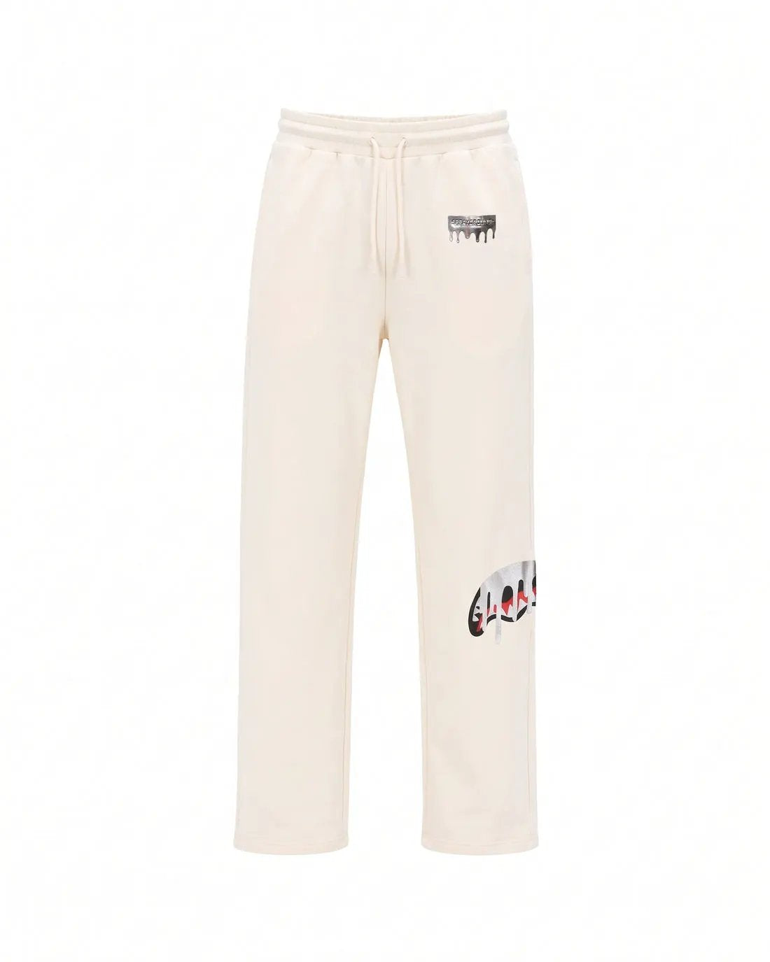 SPRAYGROUND Pantalone tuta Silver Drip Over Ivory - Dettaglio placchetta metallica logo