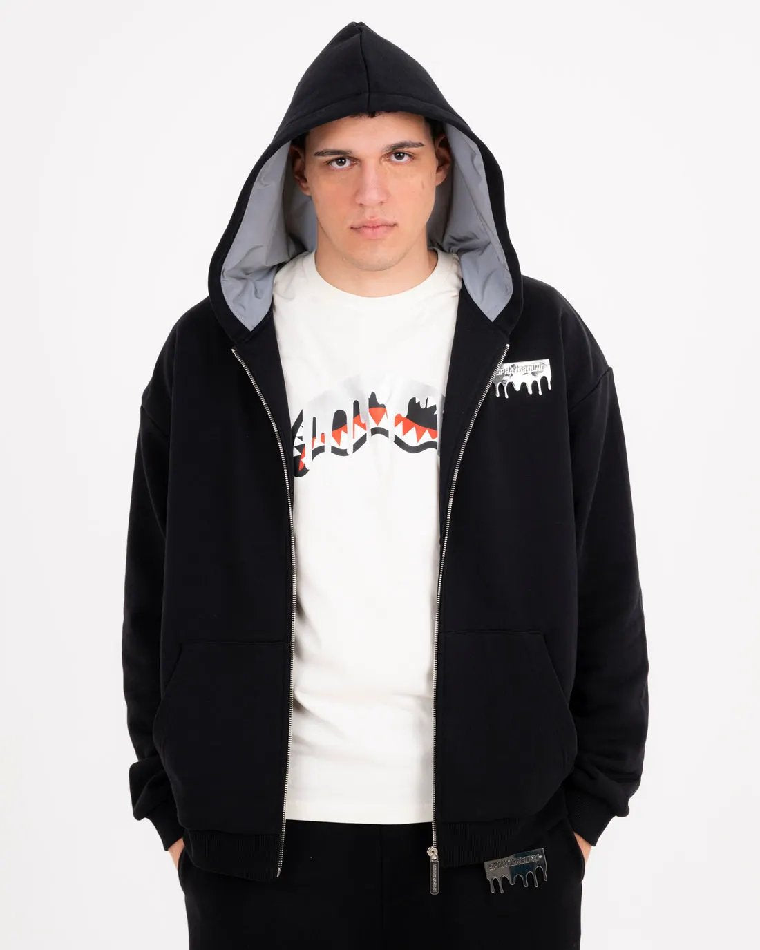 Sprayground Felpa Silver Drip Smooth Perfect Full-Zip SP997GBLK Black - Dettaglio zip e tessuto