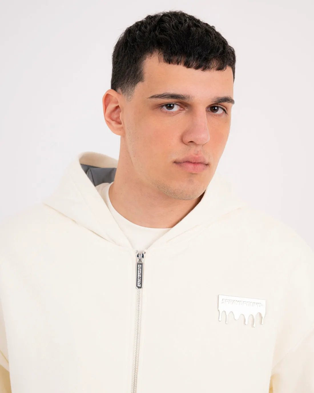Felpa Sprayground Silver Drip Smooth Perfect Full-Zip Ivory dettaglio zip e chiusura