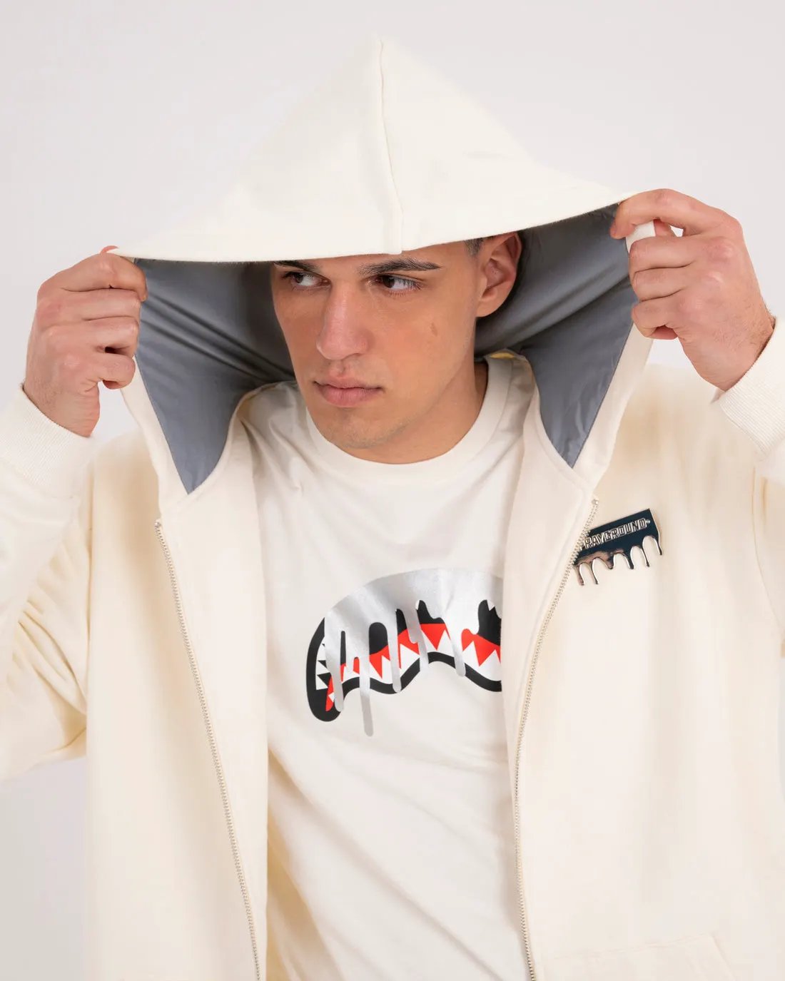Felpa Sprayground Silver Drip Smooth Perfect Full-Zip Ivory dettaglio cappuccio riflettente