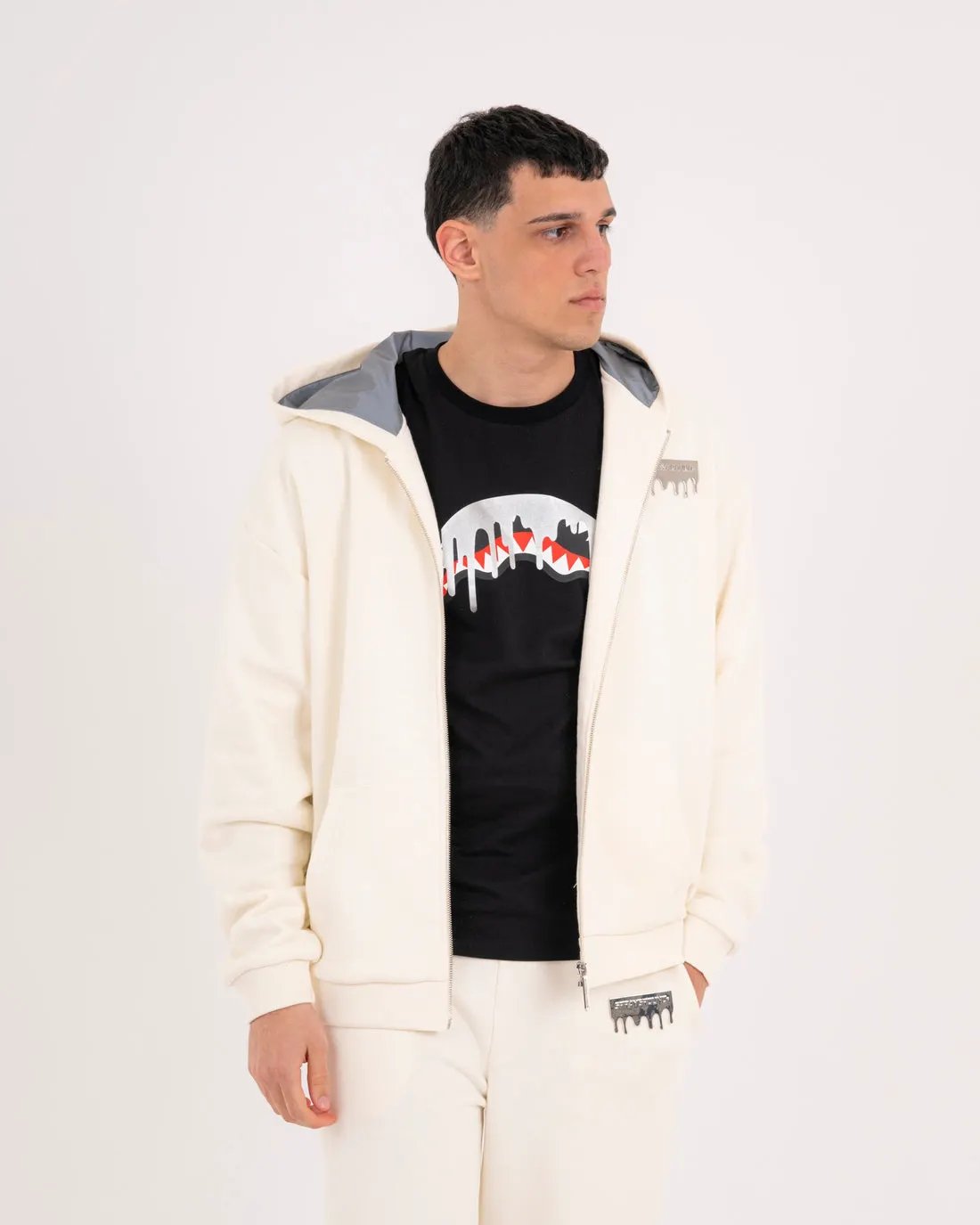 Felpa Sprayground Silver Drip Smooth Perfect Full-Zip Ivory dettaglio lamina silver specchiata