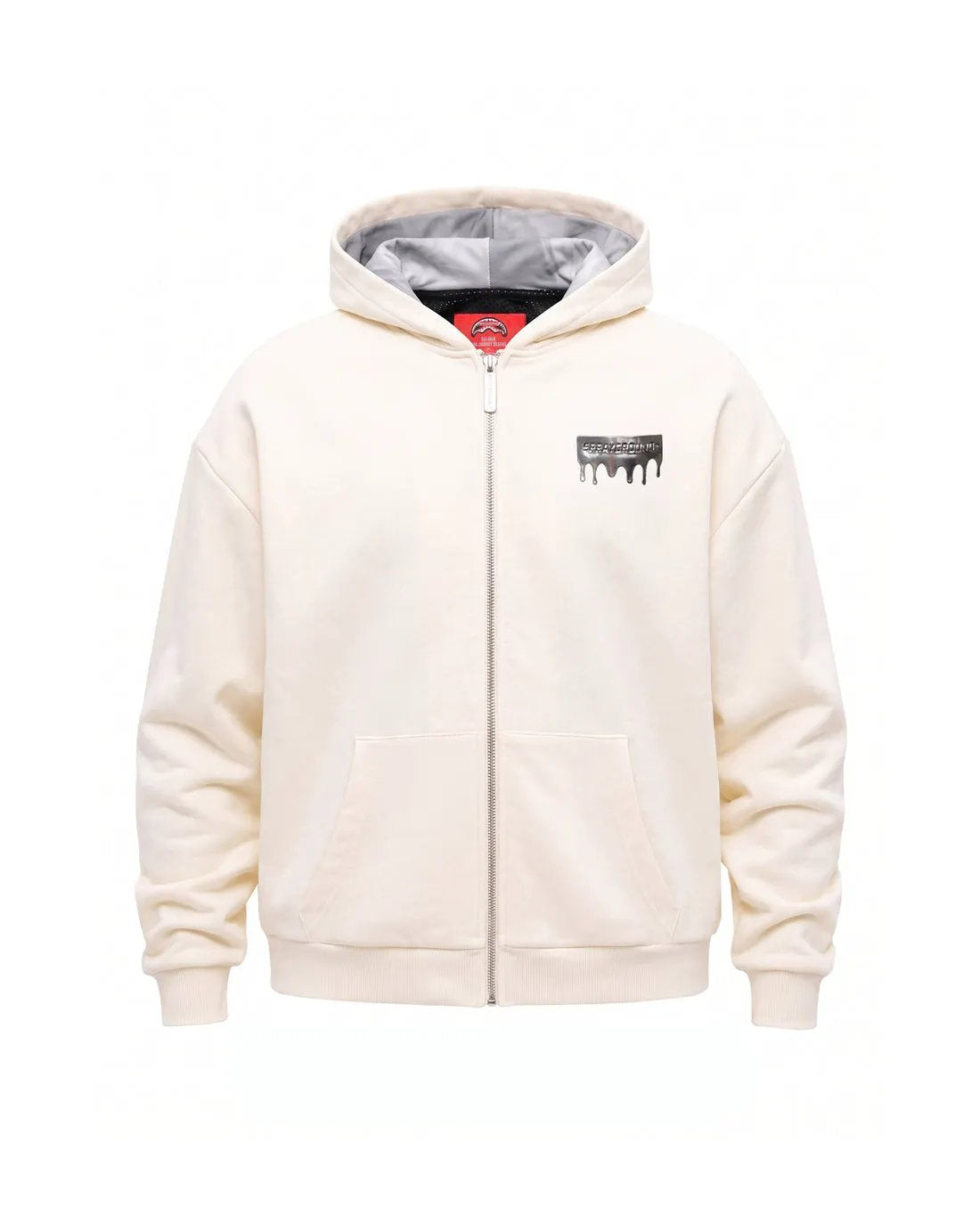 Felpa Sprayground SP997GIVO Silver Drip Full-Zip Avorio - Dettaglio placca metallica petto