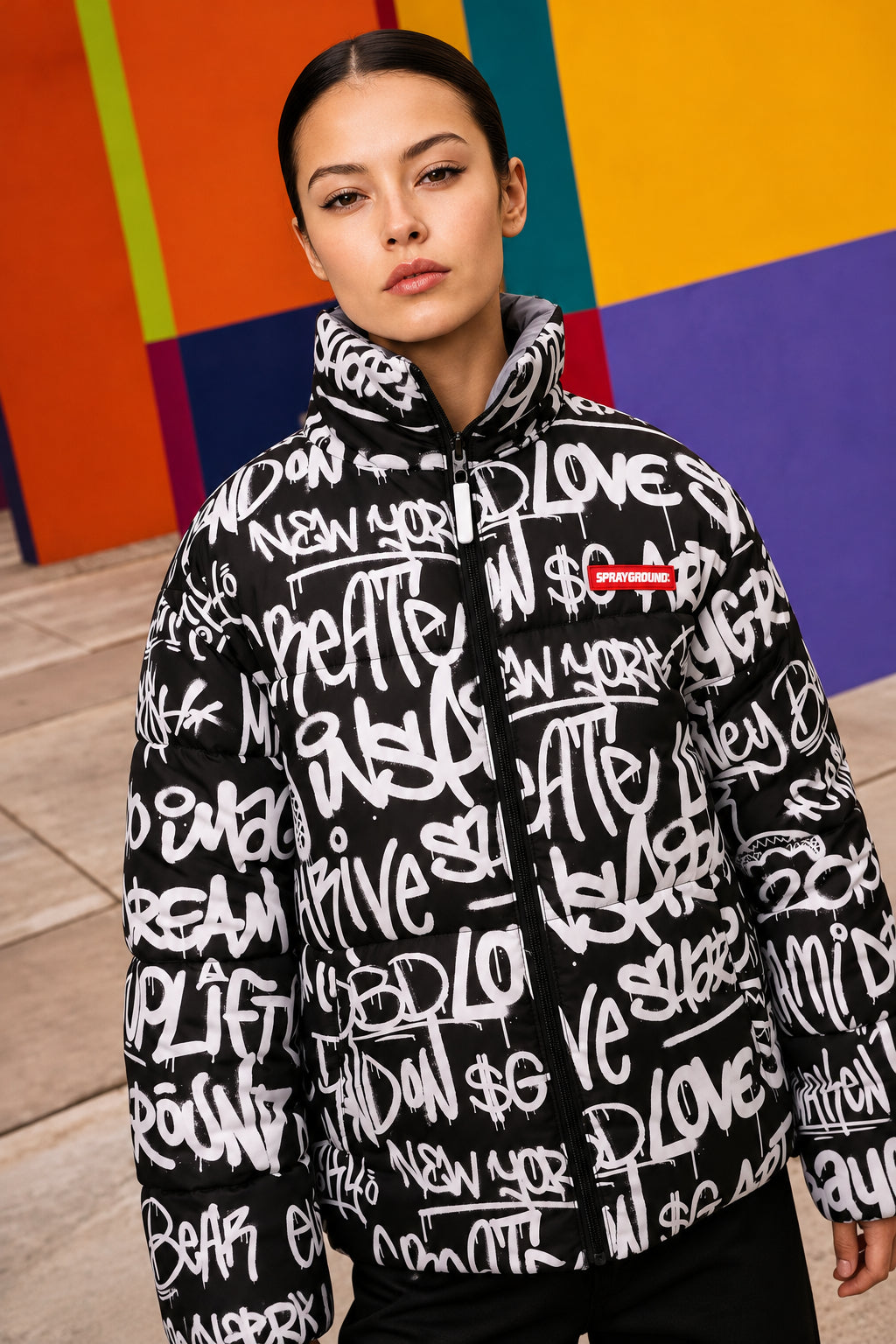 Sprayground SP942 Graffiti Reflective Double Padded Jacket - Vista frontale lato graffiti