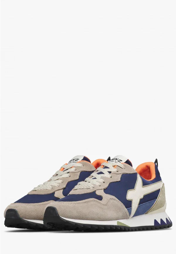 Sneakers uomo in suede beige e tessuto blu con dettagli arancioni, suola bicolore