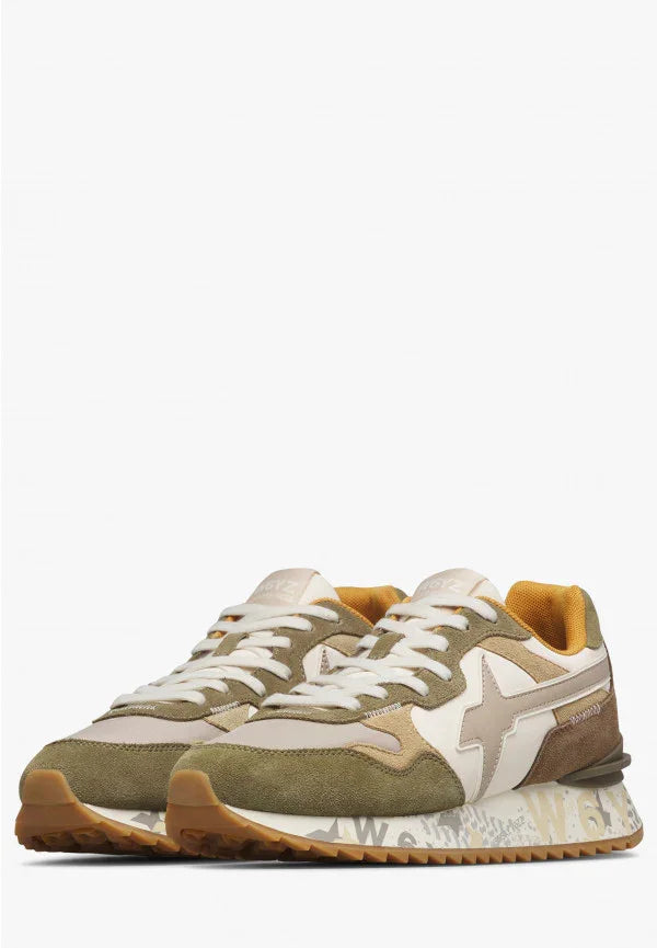 Sneakers uomo in pelle e tessuto verde oliva e beige, suola stampata, stile casual