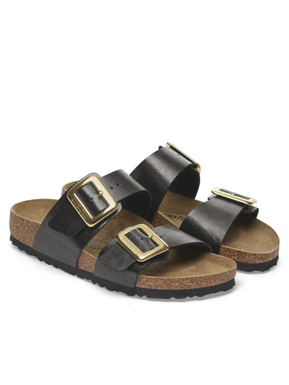Sandali donna in pelle nera con doppia fibbia dorata e suola ergonomica in sughero