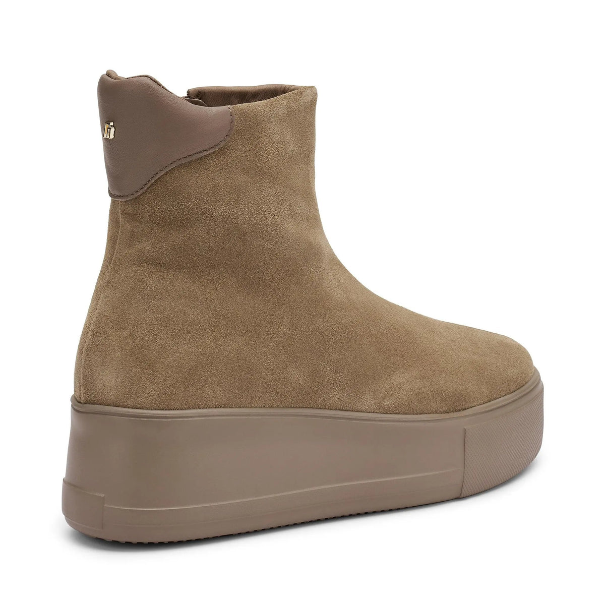 Stivaletto donna beige in pelle scamosciata con zeppa alta e dettaglio dorato