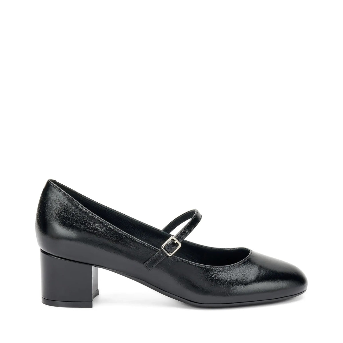 Ballerina donna nera in pelle con cinturino e tacco largo, calzatura elegante Made in Italy