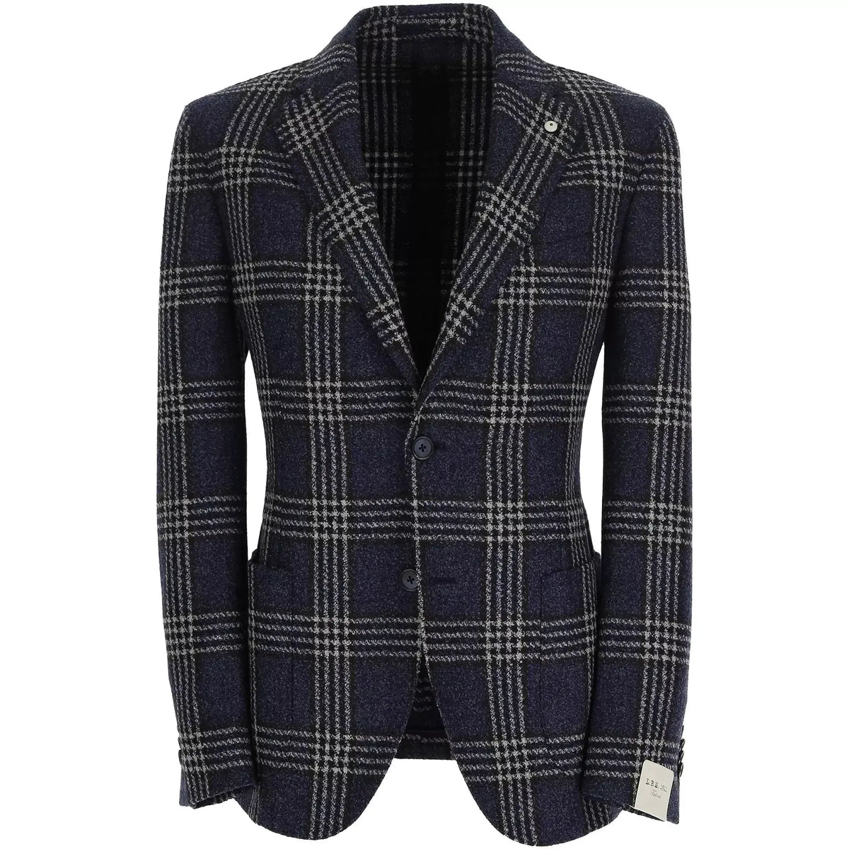 Giacca uomo a quadri blu e grigia con due bottoni, stile elegante, moda Made in Italy