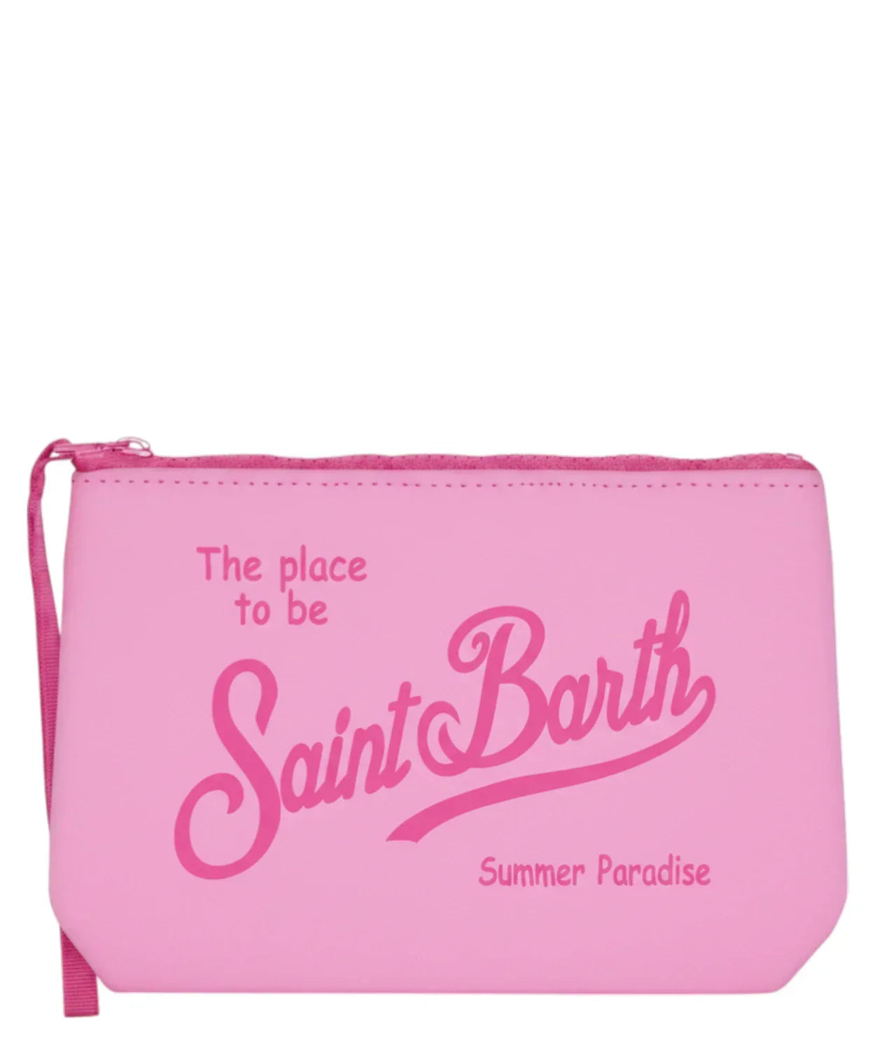 Pochette rosa con scritta Saint Barth Summer Paradise, accessorio moda donna