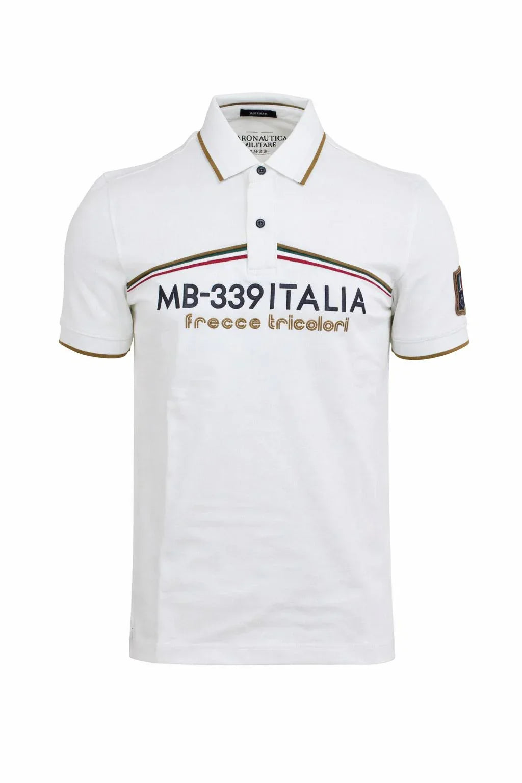 Polo uomo bianca MB-339 Italia, scritta Frecce Tricolori, colletto profilato, stile casual
