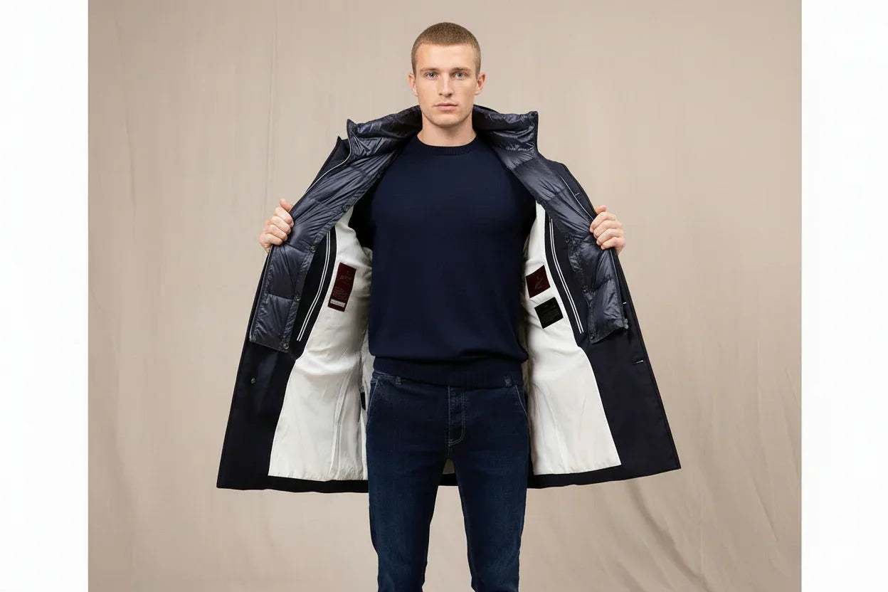 Uomo con trench blu interno bianco, look casual elegante, moda uomo autunno inverno