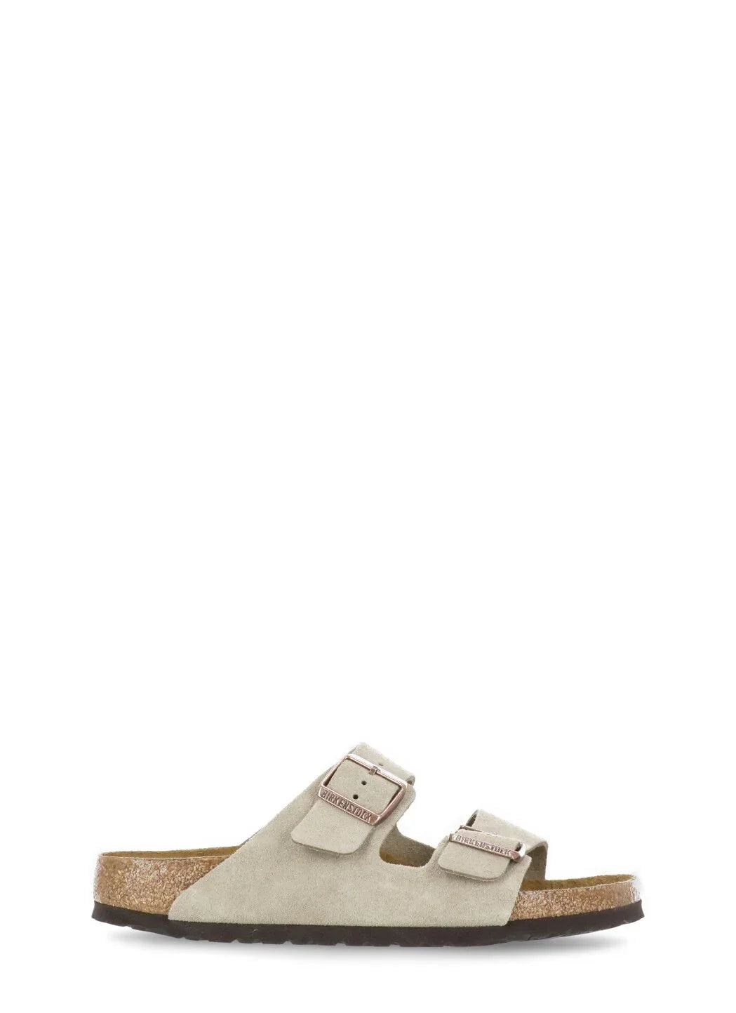 Sandalo in suede beige con doppia fibbia regolabile e suola in sughero, donna o uomo.