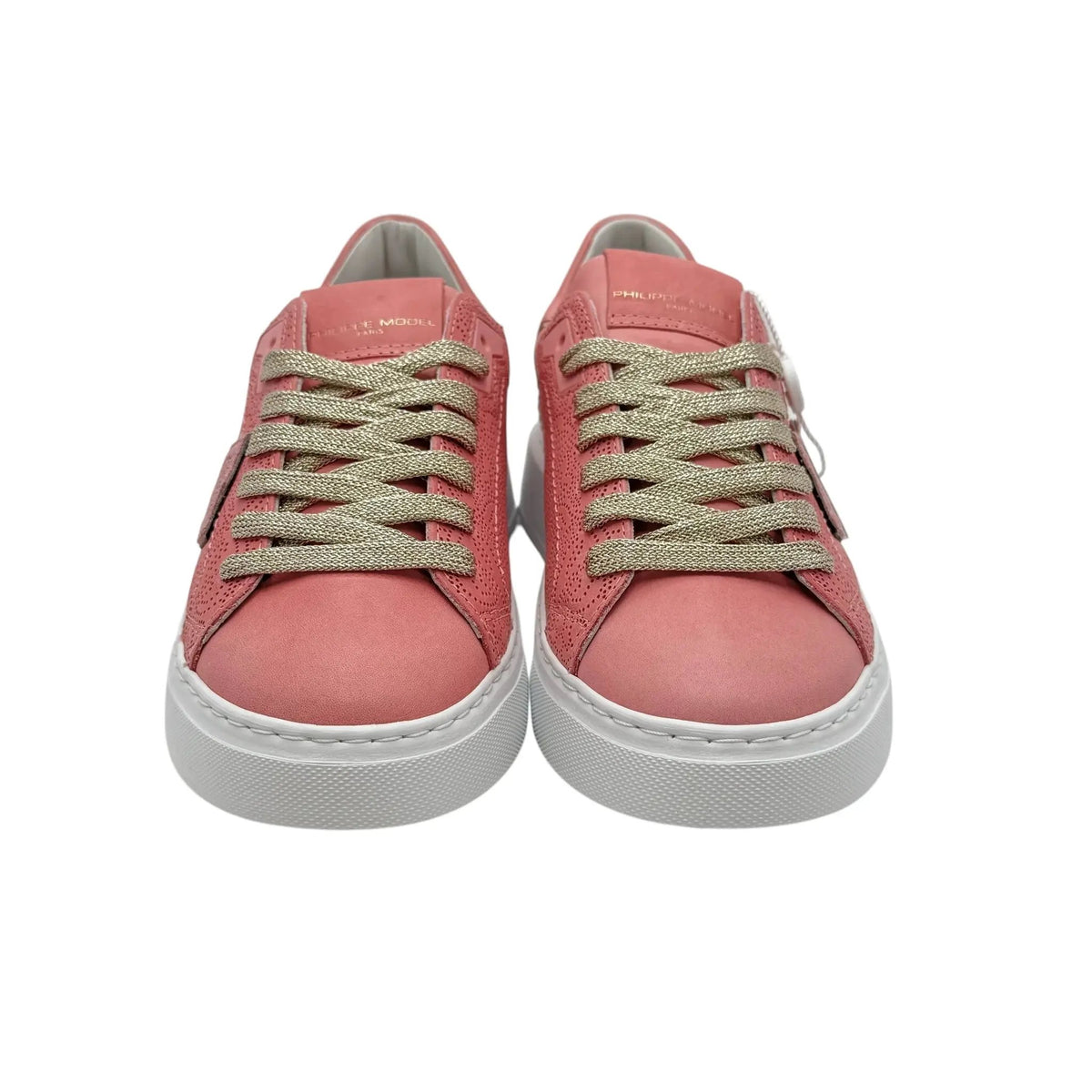 Sneakers donna rosa con lacci dorati e suola bianca, stile casual moderno