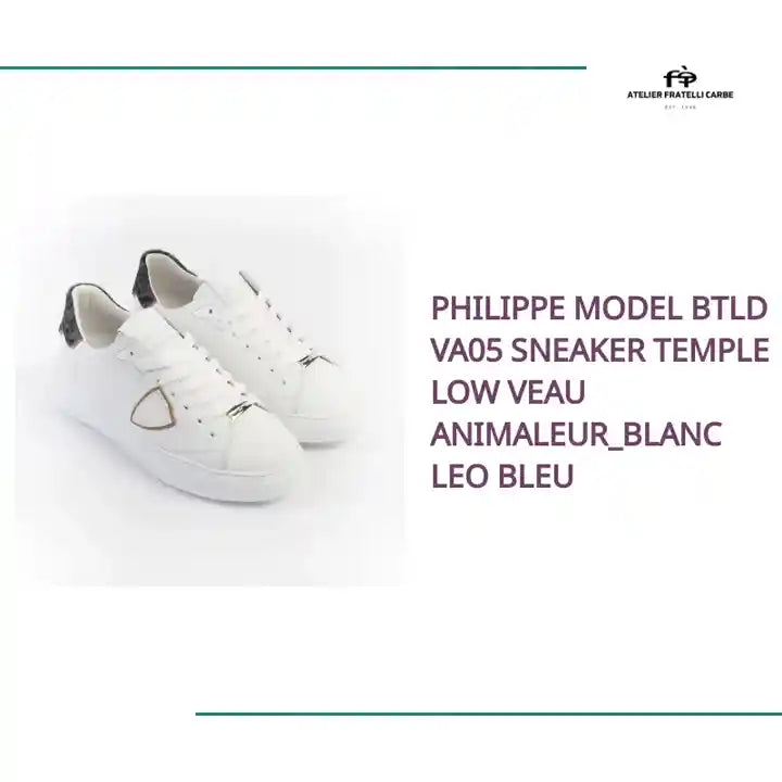 PHILIPPE MODEL BTLD VA05 SNEAKER TEMPLE LOW VEAU ANIMALEUR_BLANC LEO BLEU by@Outfy