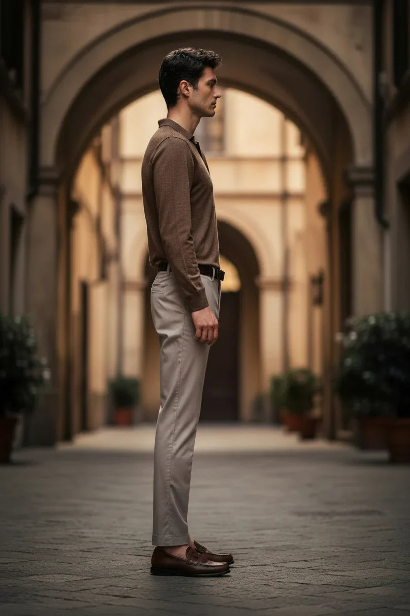 Uomo elegante indossa maglia marrone e pantaloni beige, outfit moda uomo made in Italy in città.