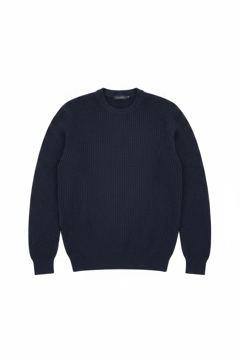 Maglione uomo blu navy a girocollo in lana, tessuto lavorato, abbigliamento elegante.