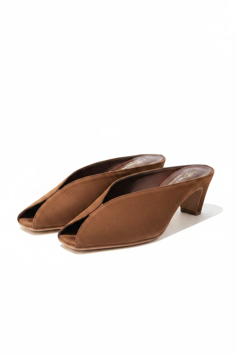 Mules donna marroni in tessuto, design elegante con tacco medio, punta aperta