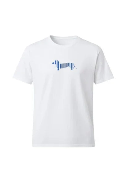 T-shirt bianca da uomo con stampa minimal di cane blu sul petto, moda casual Made in Italy