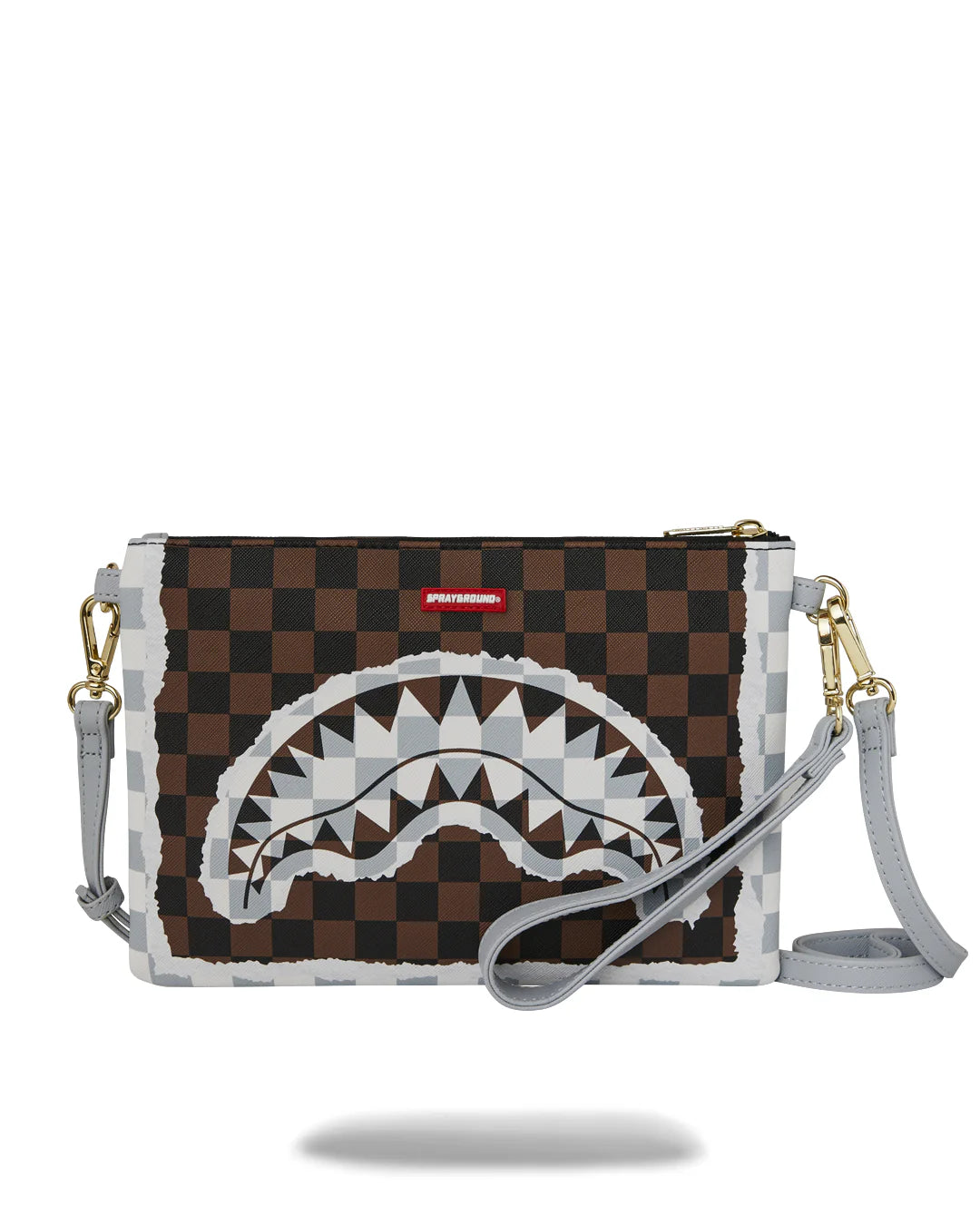 SPRAYGROUND B8295  CLUTCH CREAM BROWN TEAR CHECK CROSSOVER CLUTCH - Atelier Fratelli Carbè