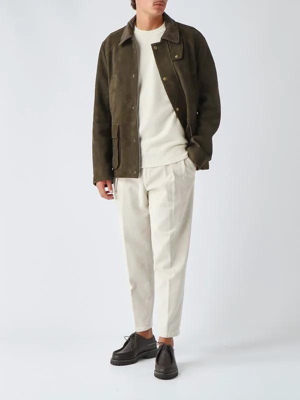 Giacca Gordon The Jack Leathers in pelle scamosciata verde scuro - dettaglio colletto in velluto