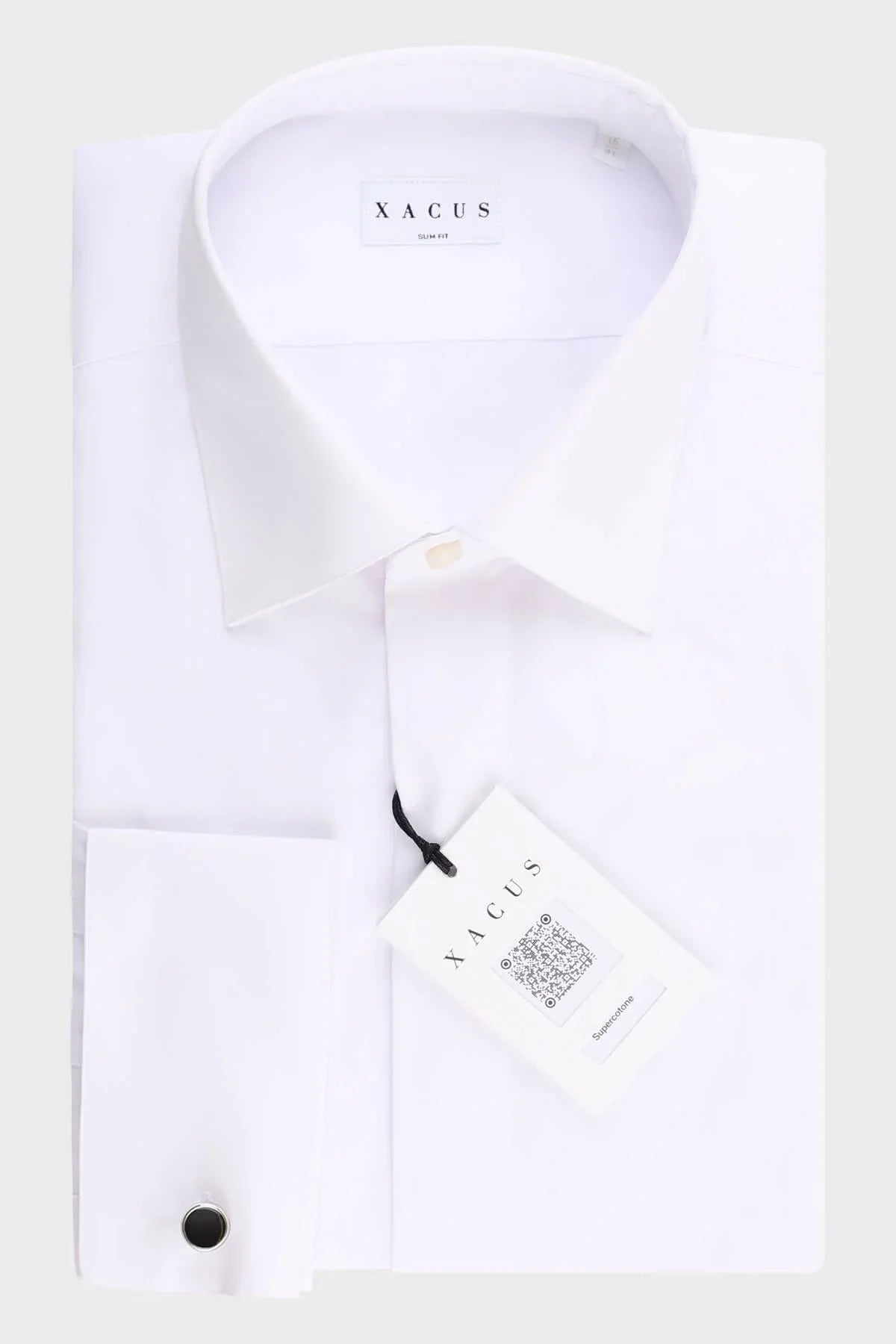 Camicia uomo bianca elegante con polsini doppi, vestibilità slim fit, etichetta visibile.